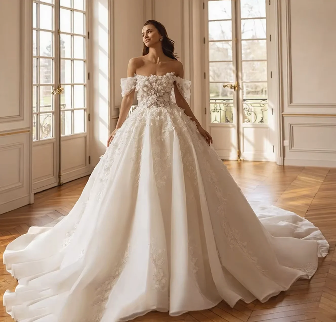 Charming Off Shoulder Wedding Dress 2027 Bead 3D Flower Decal Church Train Tulle Bridal Bride Gowns Robe De Mariage Vestidos
