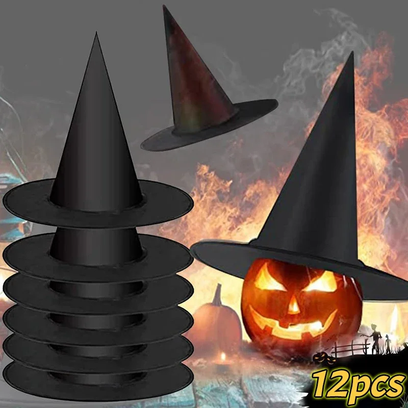 12pcs Halloween Witch Hat Kids Adults Halloween Party Cosplay Costume Props Decoration Black Wizard Cap Yard Hanging Witch Hat