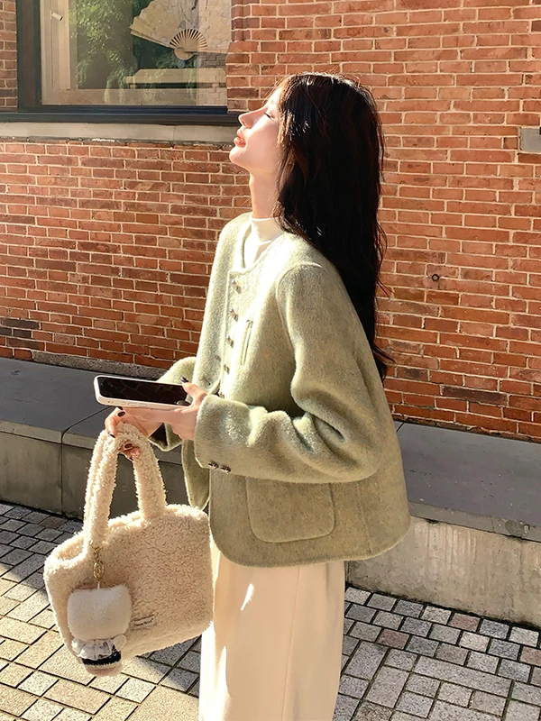 

Двустороннее шерстяное пальто Ele для женщин, осень-зима 2025, новая корейская версия, утепленное, длинное, для повседневной носки, маленький размер