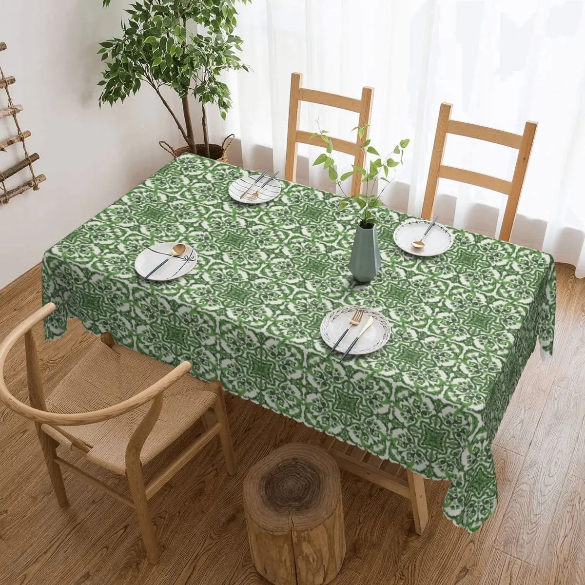 Green Ornate Floral Mediterranean Sicilian Tile Tablecloth Restaurant Kitchen Rectangular Tablecloth Festival Dining Table Cover