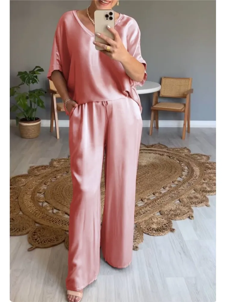 Spring Summer Fashion Solid Satin Two Piece Sets Women Sexy V-neck Short Sleeve Top + Wide Leg Long Pants Casual Two Piece Set