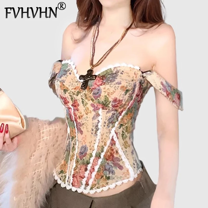 

FVHVHN модный кружевной жилет с цветочным принтом «рыбья кость» для женщин, нишевая облегающая верхняя одежда, дизайн с повязкой на спине, топы на бретелях, женские модные новые 1A127