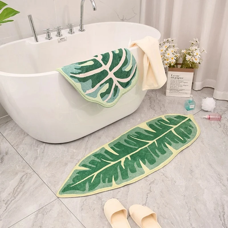 Modern Leaf รูปแบบห้องน้ํากันน้ําไมโครไฟเบอร์ Bath Mat Leaf สีเขียวพืชเขตร้อนประตูบ้านลื่น