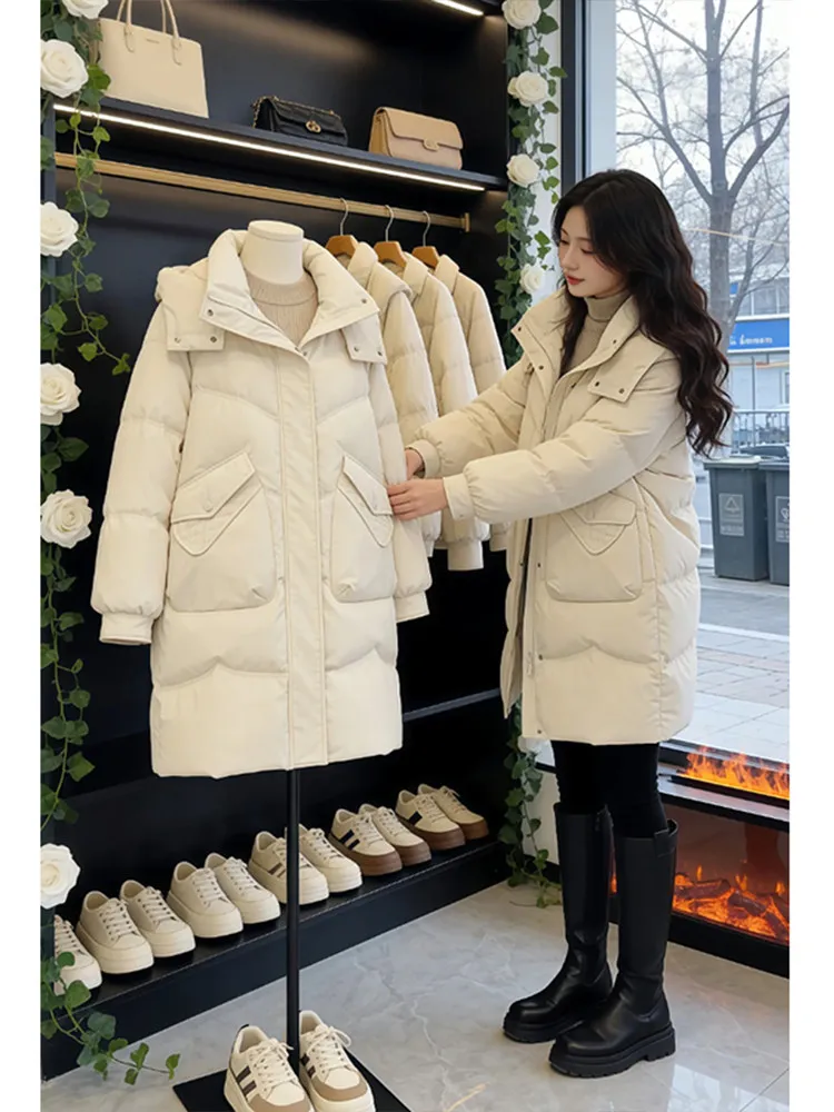 

Женское зимнее пальто из хлопкового пуха средней длины, пальто выше колена в Корейском стиле, свободный крой с кетами, чистый цвет