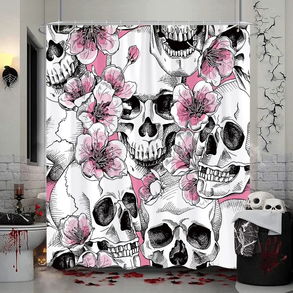 Halloween Skull Shower Curtain Sugar Rose Flowers Skull Skeleton All Saints Day Black and White Fabric Bathroom Decor With Hooks