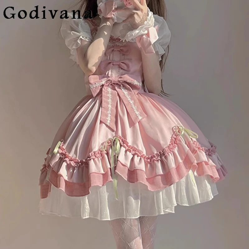 

Sweet Pink Cute Lolita V Neck Short Sleeve Bow Ruffles Princess Dress Girls Cos Daily High Waist A-line Age Reduction Dresses