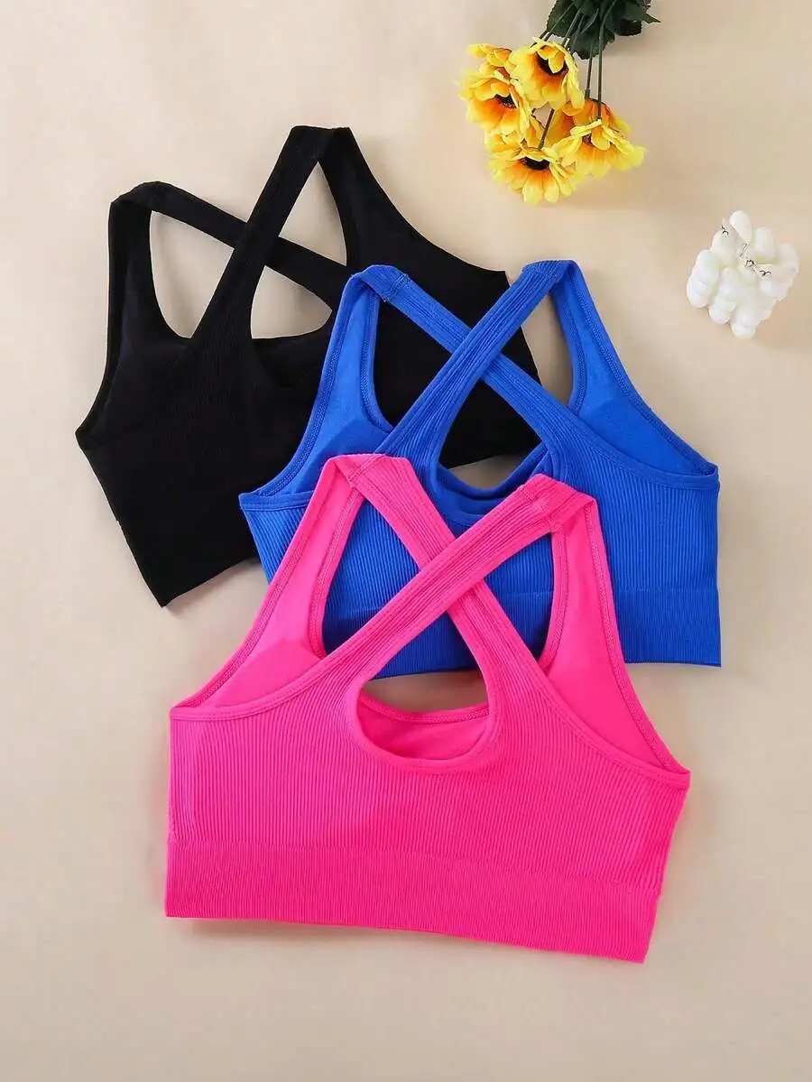 3pcs Criss-Cross Strap Sports Bra For Women, Yoga Gym Running Racerback Crop Top Brassiere Can Be Worn Outerwear