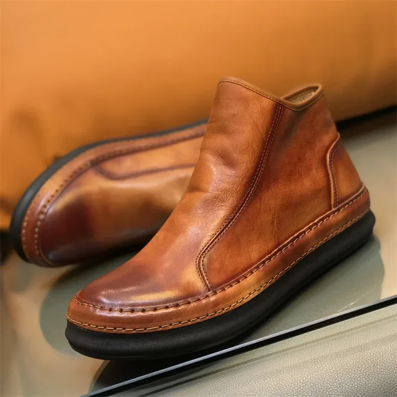Retro Style Men Ankle Boots Fashion Genuine Leather High Top Casual Shoes Zipper Design Male Chelsea Short Boots Botines Hombre