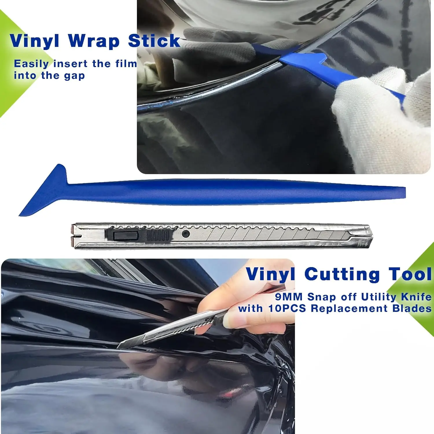 لفة لف سيارة من الفينيل الأسود عالي اللمعان (9 أقدام × 5 أقدام) + مجموعة أدوات التثبيت #4