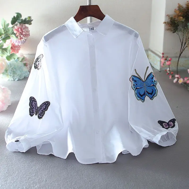 2023 Summer Butterfly Embroidery Cardigan Top Women Loose Casual Fashion 3/4 Sleeve Blouse Ladies Lapel Single Breasted Shirt