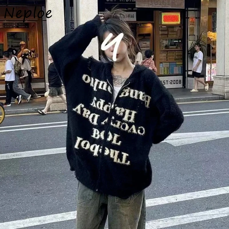 

Neploe Streetwear Goth American Vintage Coat High Street Hoody Print Ropa Mujer Loose All-match Zip Commuter Harajuku Y2K Jacket