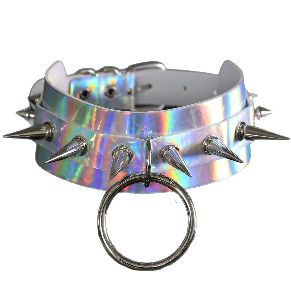 Punk Personality Exaggeration Rock and roll Gothic Nightclub Circle Rivets Multicolored Leather Stainless steel  Clavicle chain