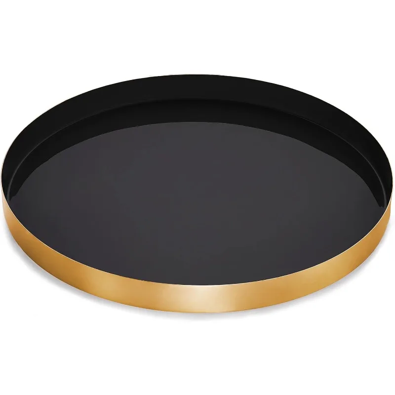 

Round Decorative Enamel Gold Metal Tray | Stylish Vanity Organizer or Catchall Valet Display | Serving Tray for