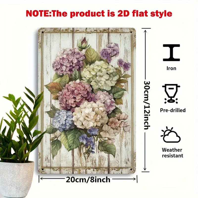 Vintage Hydrangea Bouquet Iron Metal Tin Sign 8x12inch Floral Wall Decor Plaque for Garden Shed
