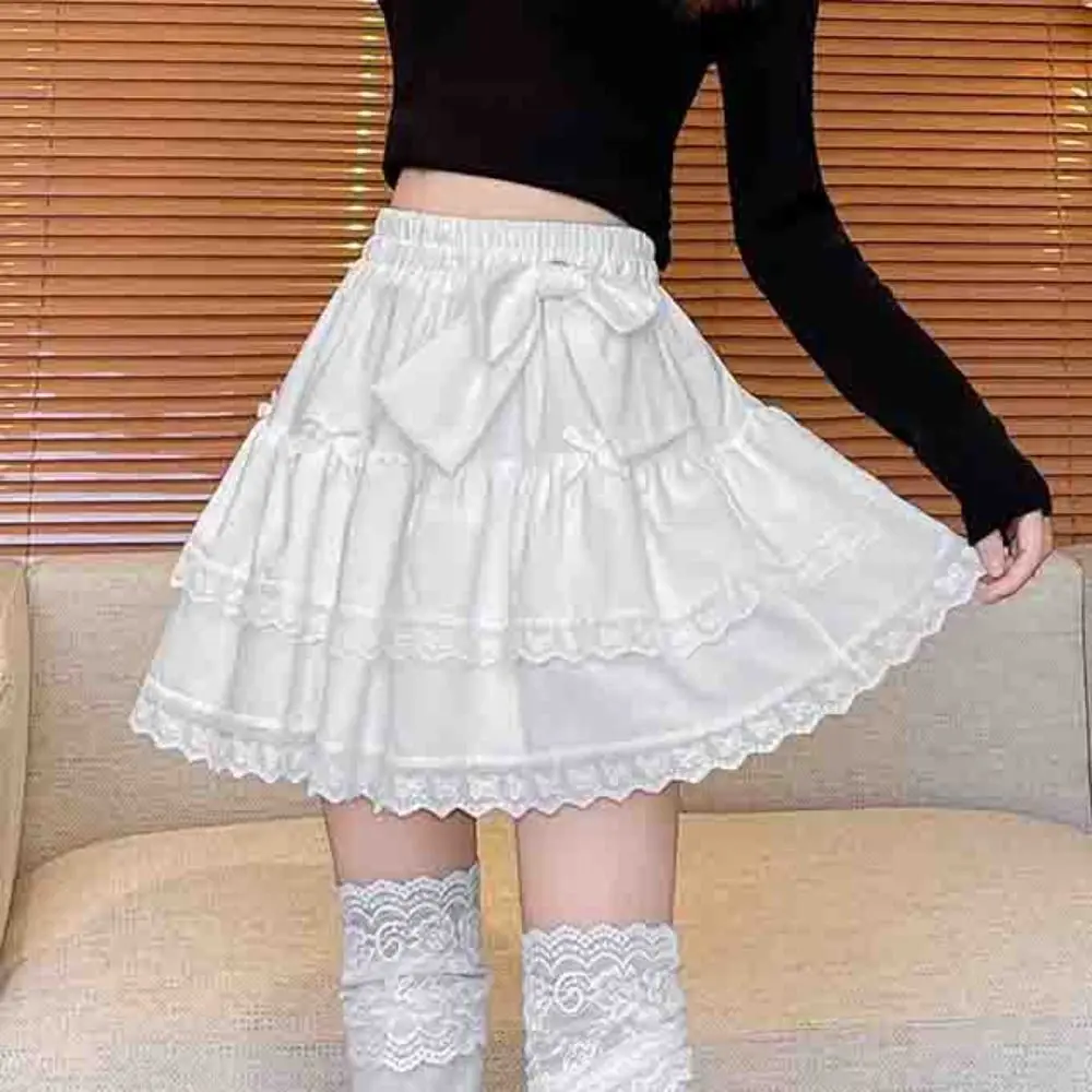 

Grid Stripe Lace Bow Cake Skirt High Waist Ruffle A-line Short Skirt with Safety Pants Sweet Lace Pleated Mini Skirts Summer