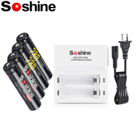 Soshine 3.2V 10440 LiFePO4 280mAh Rechargeable Battery and Charger AAA 14500 10440 Smart Battery Charger 2 Slot with US EU Cable
