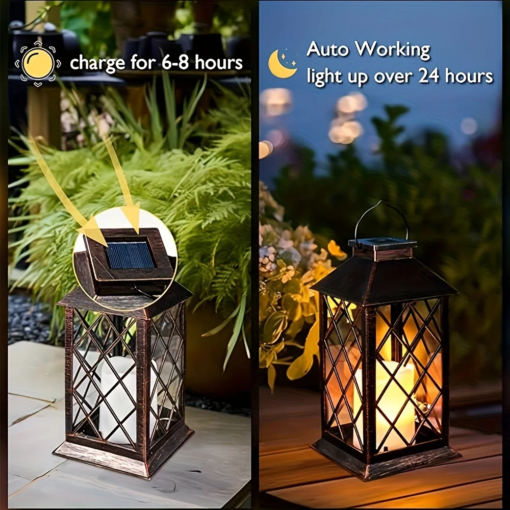 E2 1PCS Solar Lantern Flickering Flame-less Candle Solar LED Light Garden Hanging Decoration for Courtyard Party Decoration Lamp