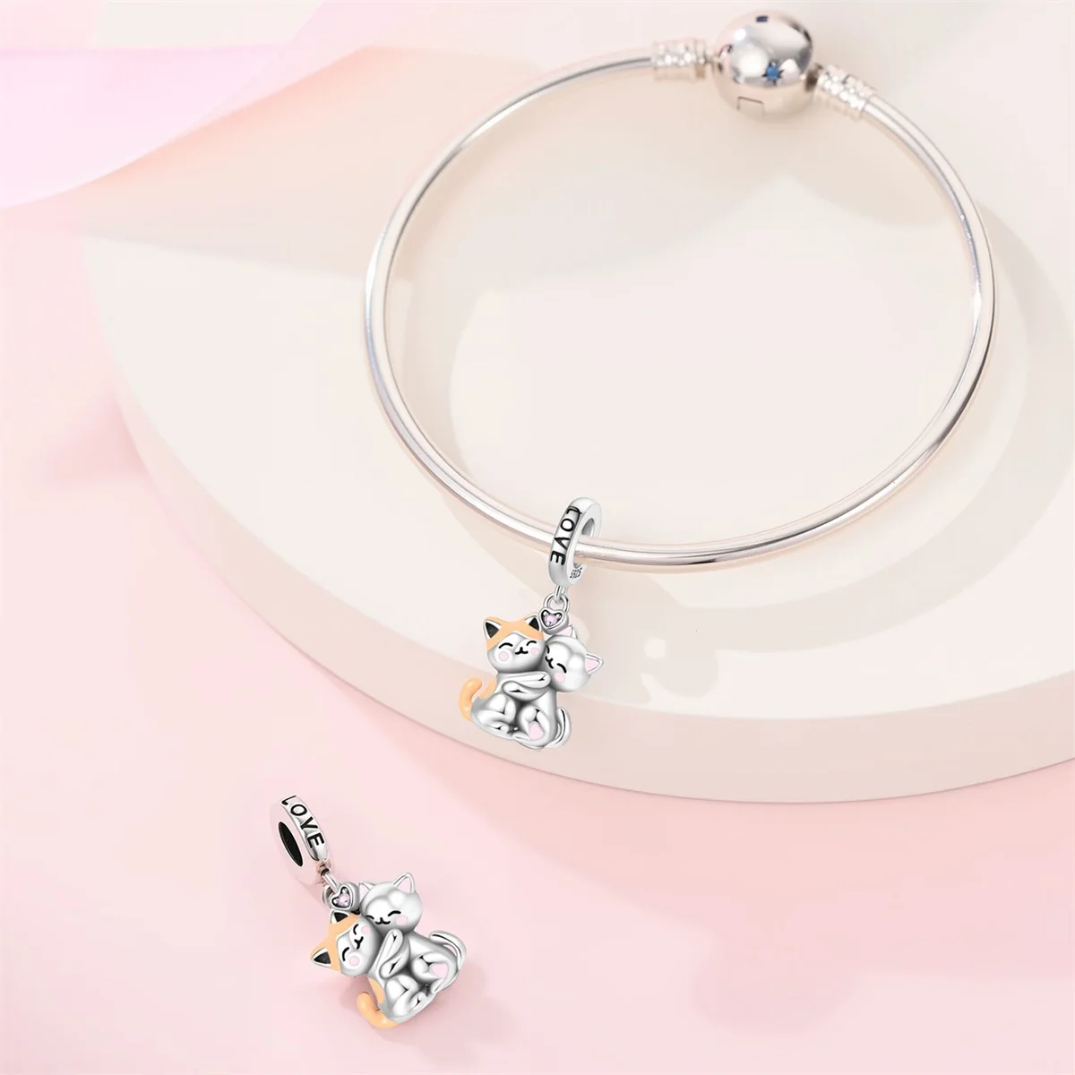 Charm 925 Silver Cat Hug Charm Pendant Pink Heart Beads Fit Original Bracelet Jewelry Making Party Gift Diy Accessory