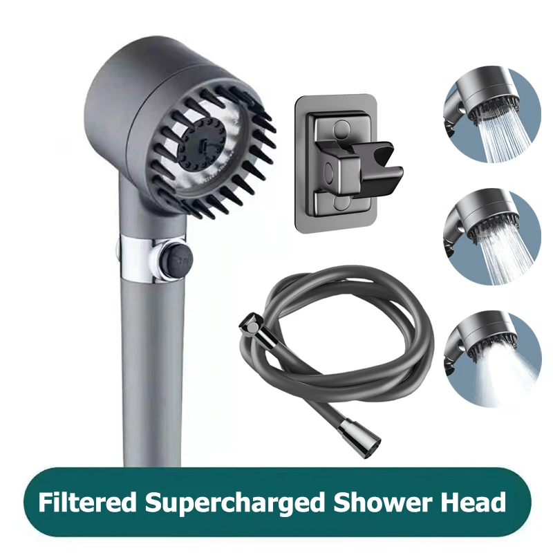 Massage Spa Pressurized Shower Head 3 Modes High Pressure Filter Rainfall Shower One-Key Stop Spray Nozzle Bathroom Accessories