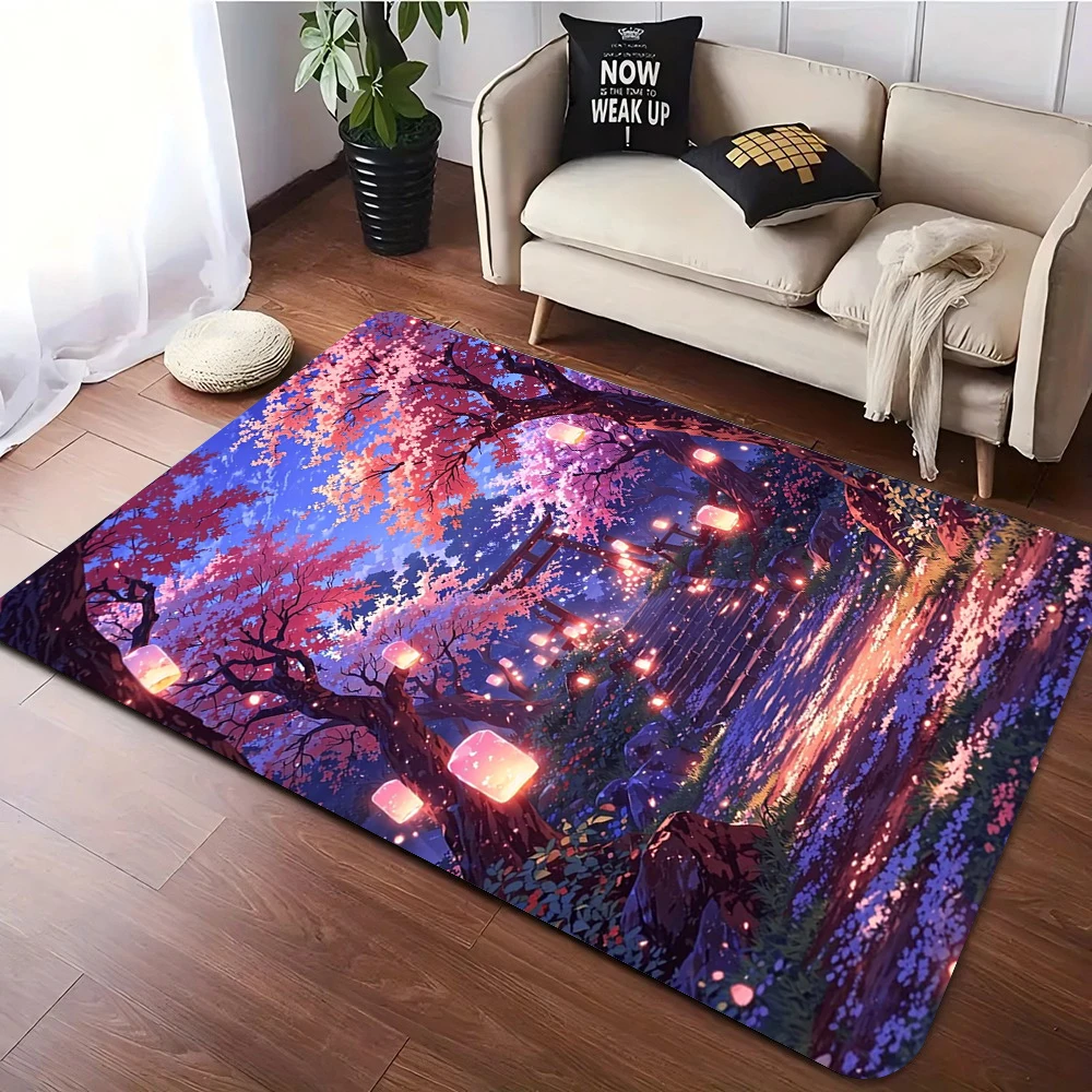 Japanese Cherry Blossom Night Scene Carpet Various Styles With Moon Lantern River Floral Patterns Rug For Living Room Decor