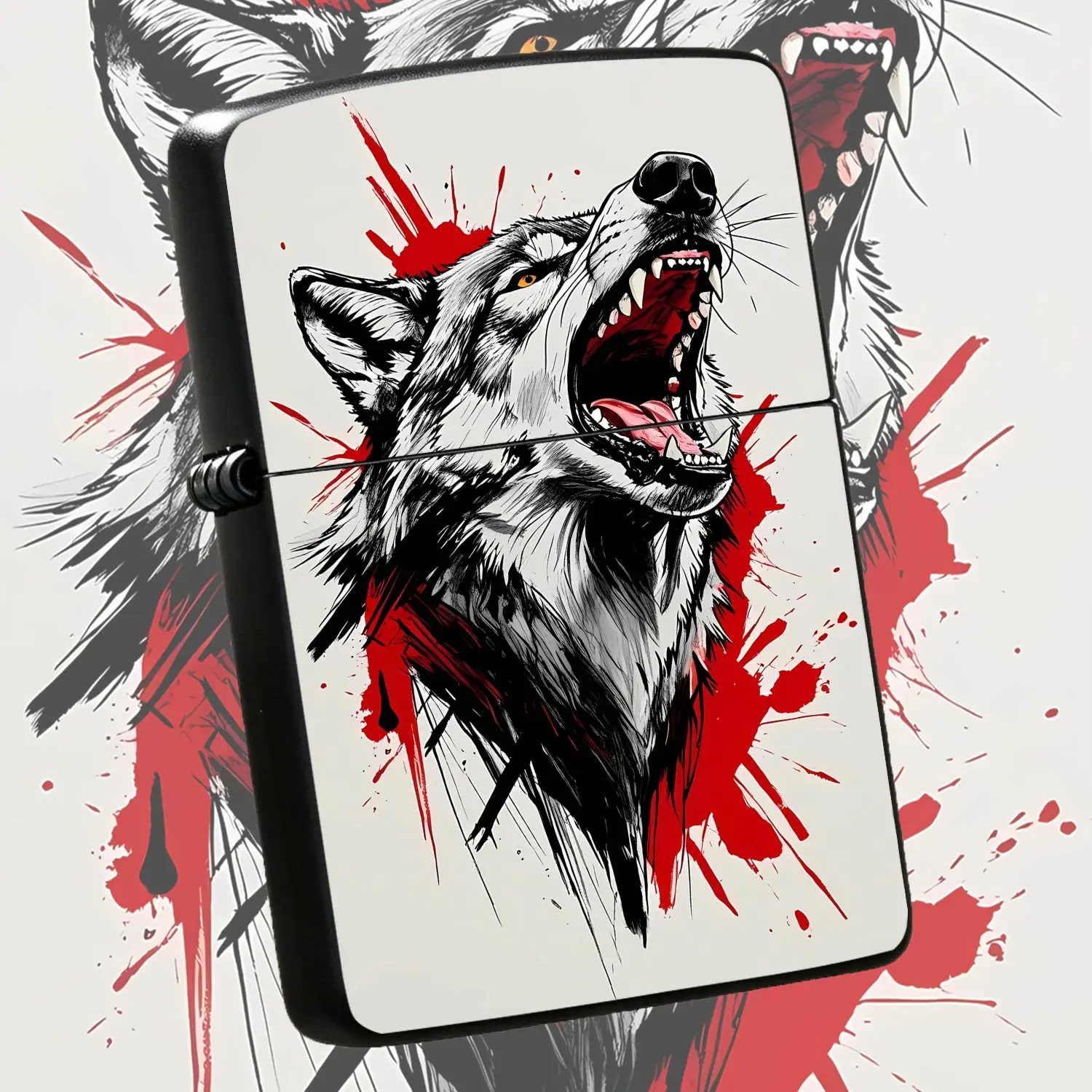Angry Roaring Wolf Head Themed Lighter, Stylish Hand-Painted Graffiti Style With Vivid Red Splatter Gray Wolf Pattern, Portable Ignition Tool For Outdoor Daily Use, Ideal Gift For Friends, Collectible Decorative Practical Accessory For All