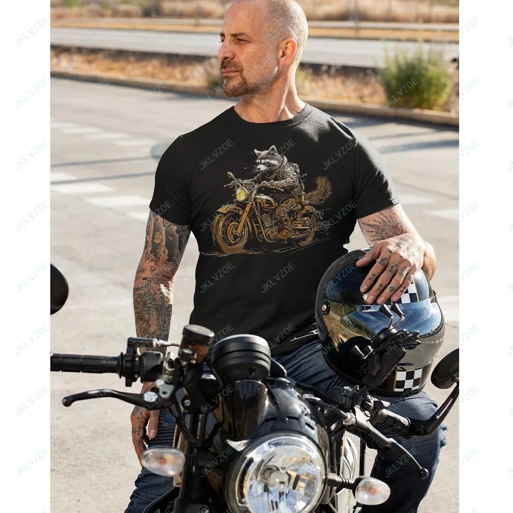 Raccoon Motorcycle Biker Shirt Vintage Mens T-Shirt Funny Animal Lover Graphic Tee Shirt Retro Motor Bike Valentine's Day Gift