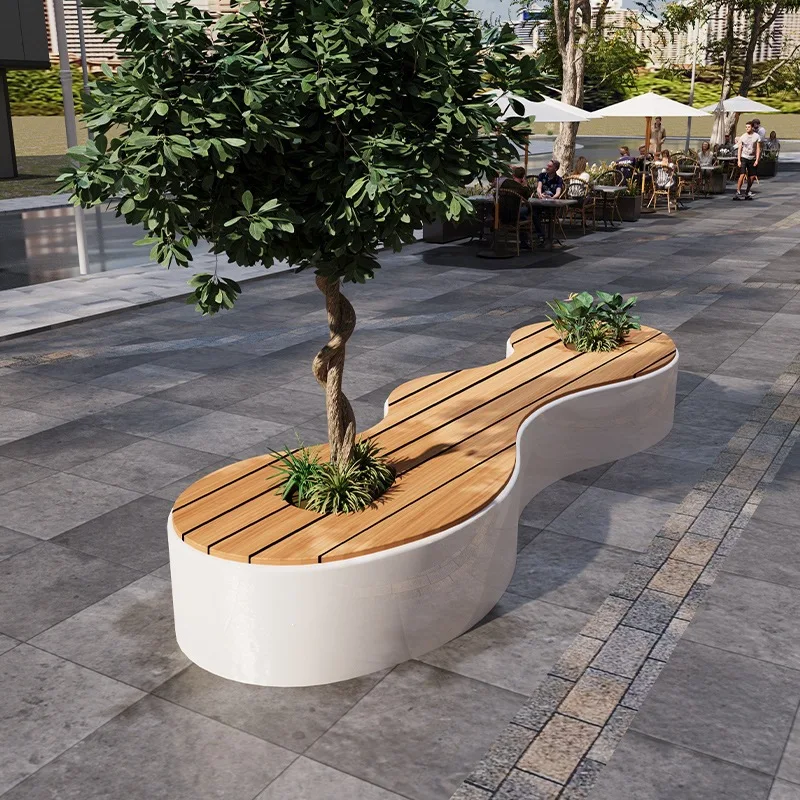 Outdoor stainless steel flower box square park rest chair commercial street wrought iron flower box seat combination