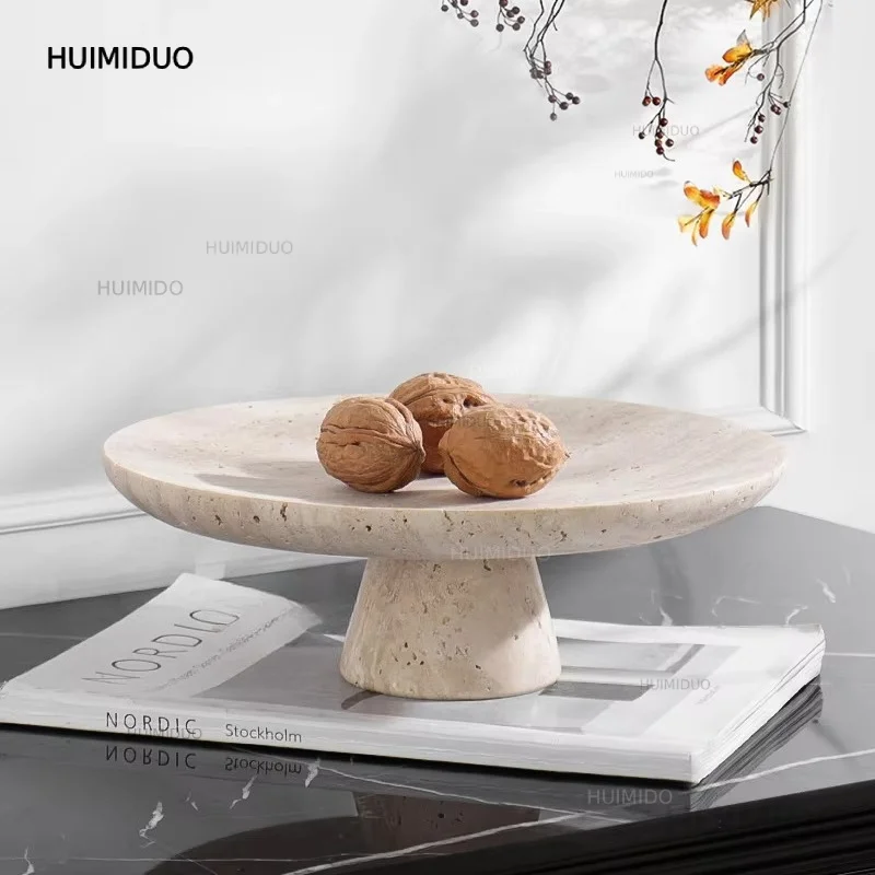 Vintage Travertine Fruit Bowl for Kitchen Counter Decorative Pedestal Tray for Dining Table