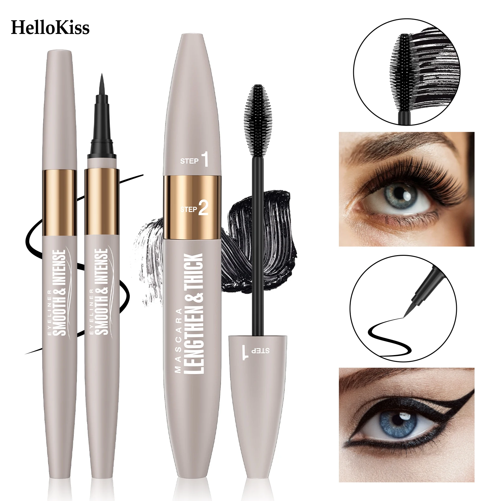 Waterproof & Sweat-Resistant Smudge-Proof Eyeliner, Lengthening & Thickening Mascara, Mascara & Eyeliner Combo Set