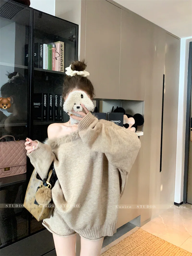 المرأة الحياكة قطعتين مجموعة 2025 الخريف الشتاء سترة مجموعة فو الفراء طوق قبالة الكتف فضفاض مترهل الخطوط الطويلة متماسكة الزي