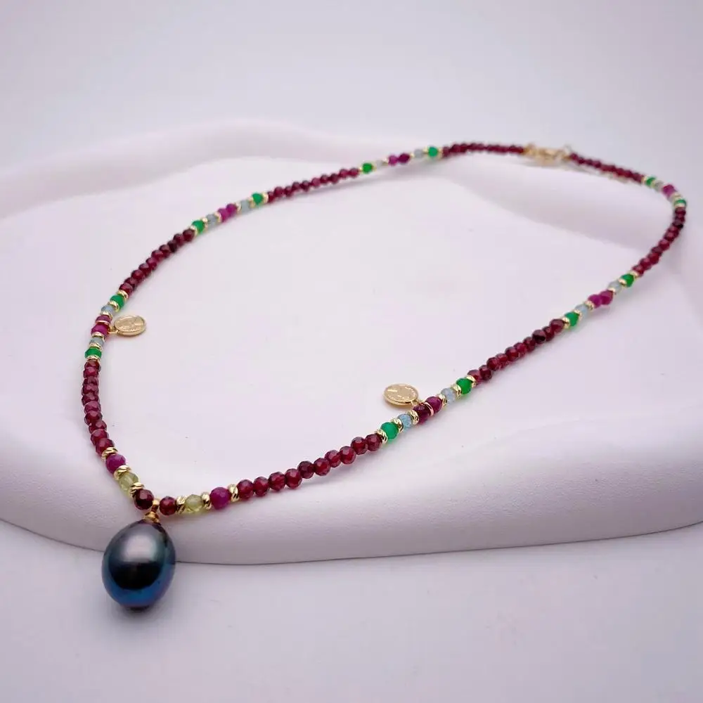 Y·YING Natural Garnet Agate Ruby Pearl Charm Necklace 3mm Gemstone Cultured Black Pearl Pendant