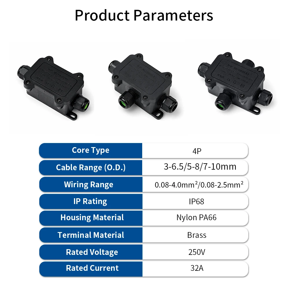 IP68 Waterproof Junction Box 2/3/4 Way 4 Pole Electrical Cable Connector 32A 250V 3-10mm Cable Splice for Outdoor Lighting