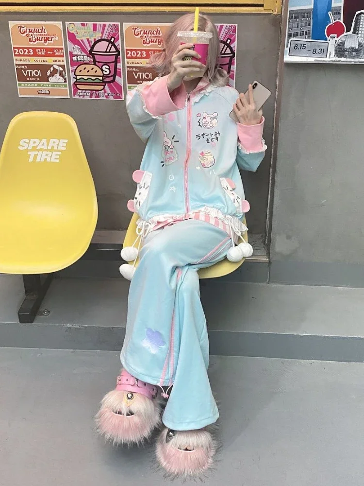 Japanese Streetwear Outfits 2024 Casual Fashion Cartoon Hoodies +Wide Leg Pants Female Japanese Harajuku Suit Y2k Two Piece Sets