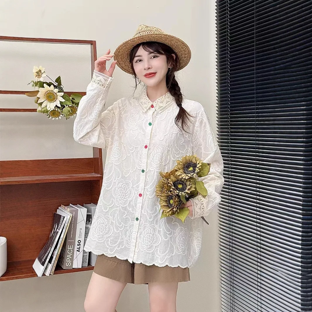Camicie in cotone ricamate con bottoni colorati per ragazza dolce giapponese Mori Camicetta casual a maniche lunghe con colletto rovesciato primavera autunno
