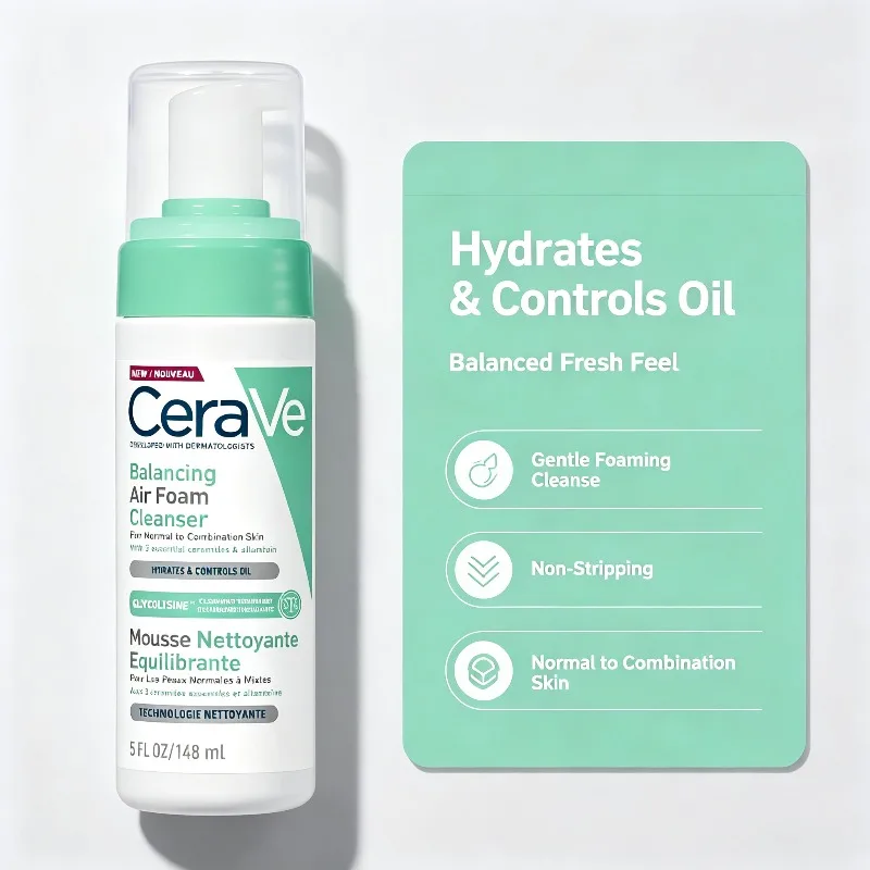 CeraVe 148ml Gentle Air‑Foam Face Wash with Niacinamide, Lightweight Cleansing Mousse for Normal‑Combination Skin