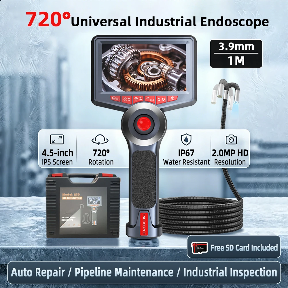 AOSUN A50 Four Way 720° Articulating Borescope 3.9mm Lens 4.5 Inch IPS Screen Endoscope Camera 1m 2.0MP