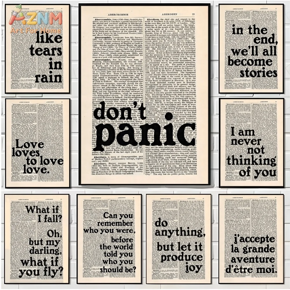 AZNM Vintage Dictionary Page Canvas Wall Art Prints Inspirational Quote Text Minimalist Home Decor Poster