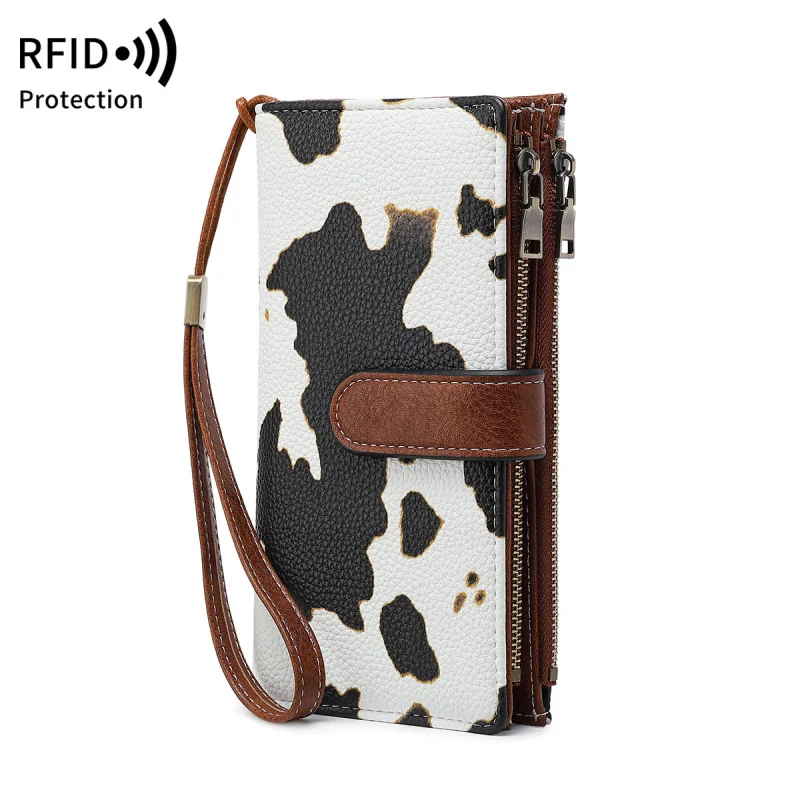 Western RDIF Blocking Leopard Ziipper Multi-functional Three Floded Women Wallet Large Capacity Purse for Ladies