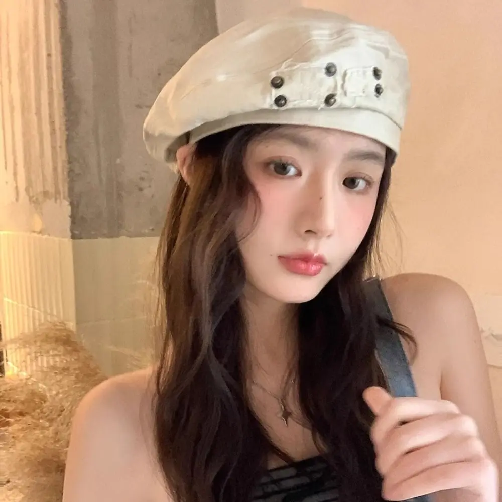 

Fashion Japanese Style Washed Cotton Demin Berets Rivet Patch Literary Painter Hat Casual Visor Artist Cap Streetwear