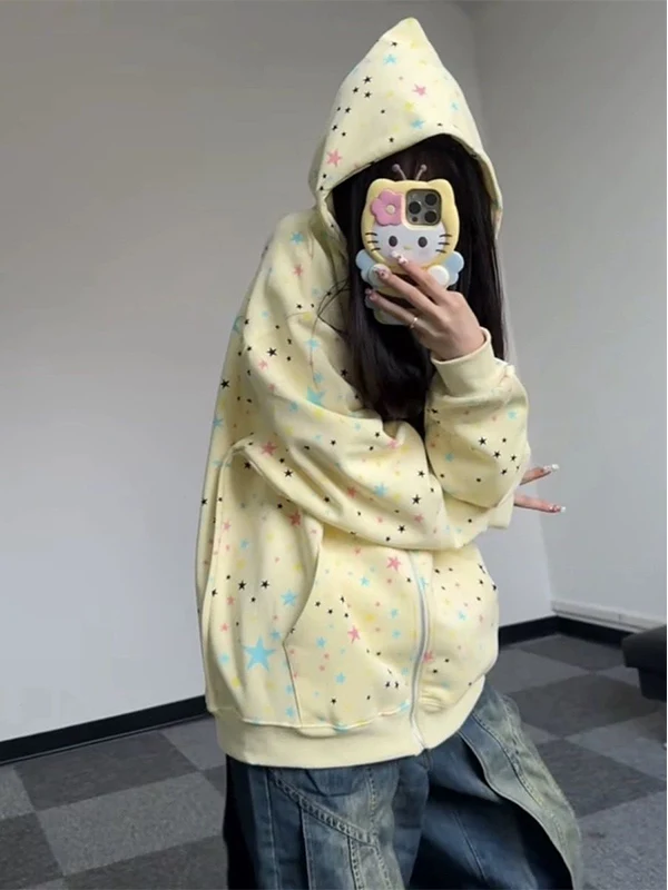 เสื้อแจ็คเก็ตมีฮู้ดซิปสำหรับผู้หญิง ผ้าบาง ใส่ได้ทั้งฤดูใบไม้ผลิและฤดูใบไม้ร่วง ลายดาว สไตล์ลำลอง ทรงหลวม แขนยาว สไตล์เกาหลี เหมาะสำหรับใส่ไปทำงาน แฟชั่นทันสมัย