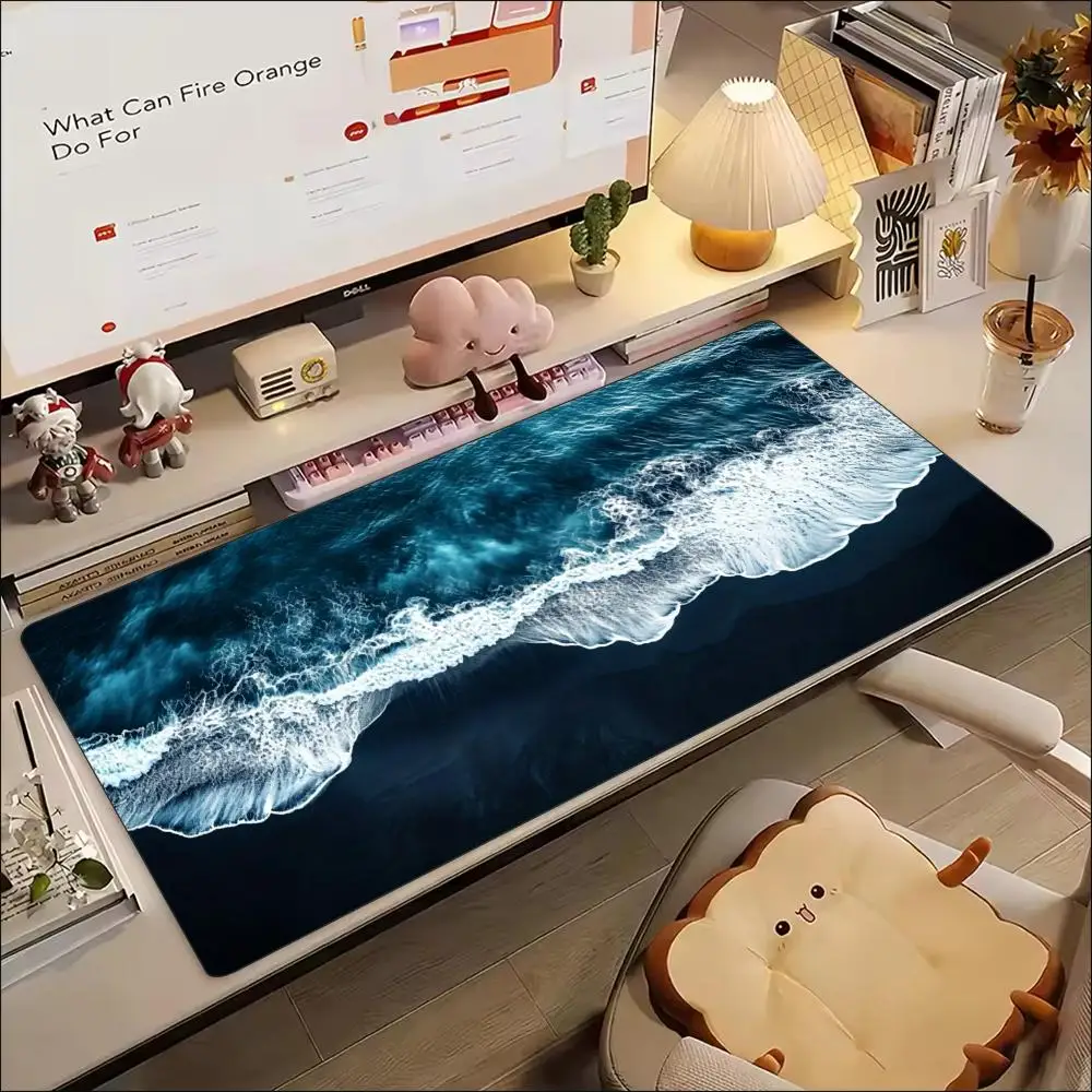 Aesthetic Blue Sea Wave Scenery Extended Mouse Pad Non Slip Rubber Desk Mat For Gaming Laptop Keyboard And Home Office Use