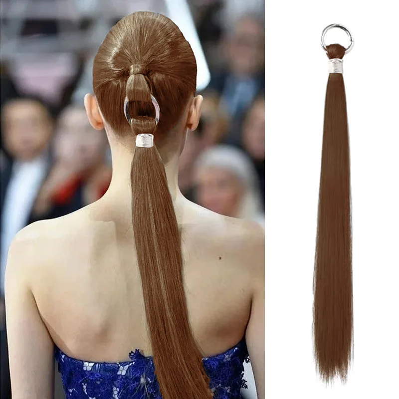 

50cm Synthetic Ponytail Hair Extension Clip Wig Light Brown Wig Hanging Ring Braid Long Straight Hair Ponytail