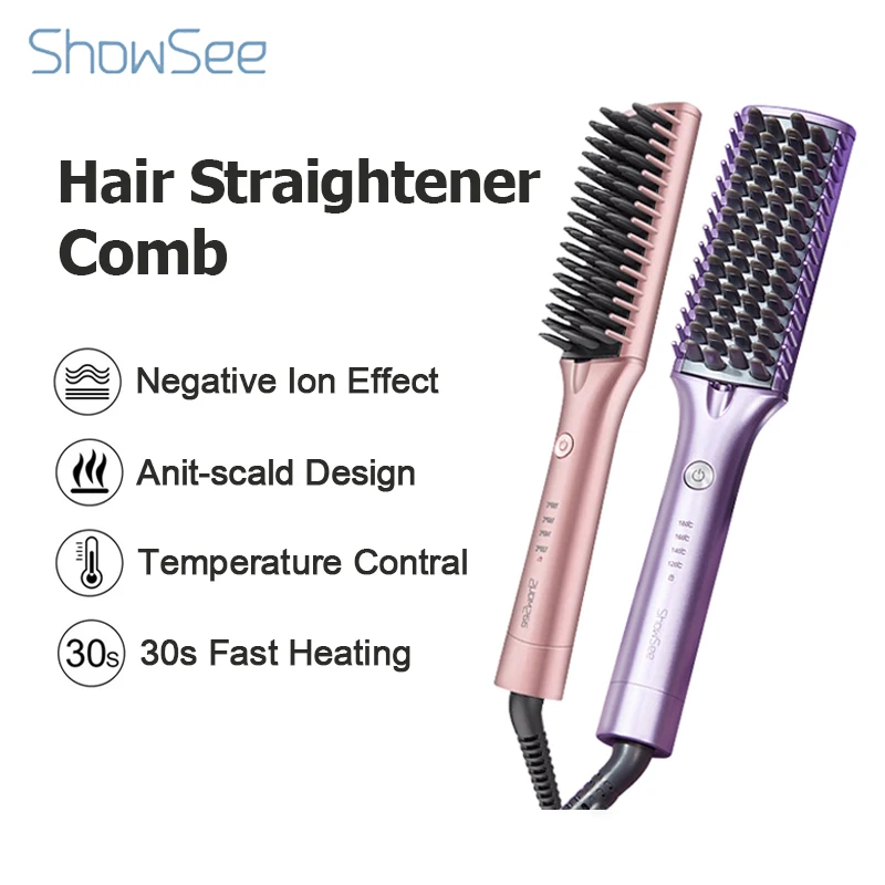 

Showsee Hair Straightener Comb 2 In 1 Iron Negative Hair Curler Hair Crimper Fast Heating Anti Scald Hair Straight Hair Curling