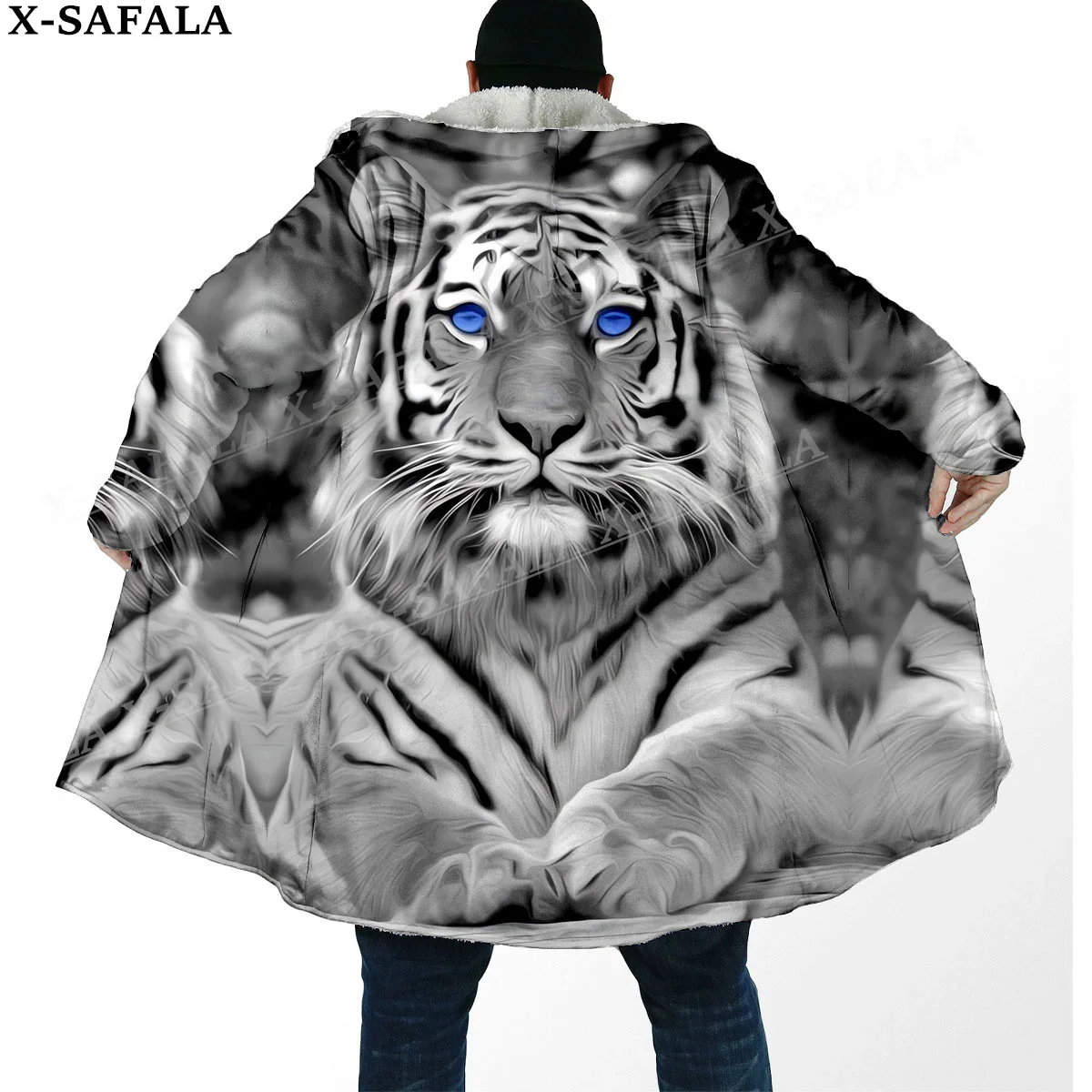 Mythology Tiger The King Spirit Thick Warm Hooded Cloak Men Overcoat Coat Windproof Fleece Cape Robe Hooded Blanket-80