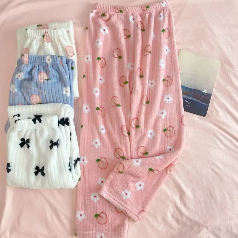 2026 New Thick Warm Women Winter Coral Plush Pants Loose Outer Wear Fleece Lined Sleepwear Cute Pattern Casual Lounge Soft Cozy
