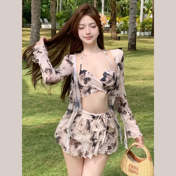 

Light Custom 2026 New Women's High End 4-Piece Split Swimsuit Modest Skirted Halter Spa Vacation Swimwear