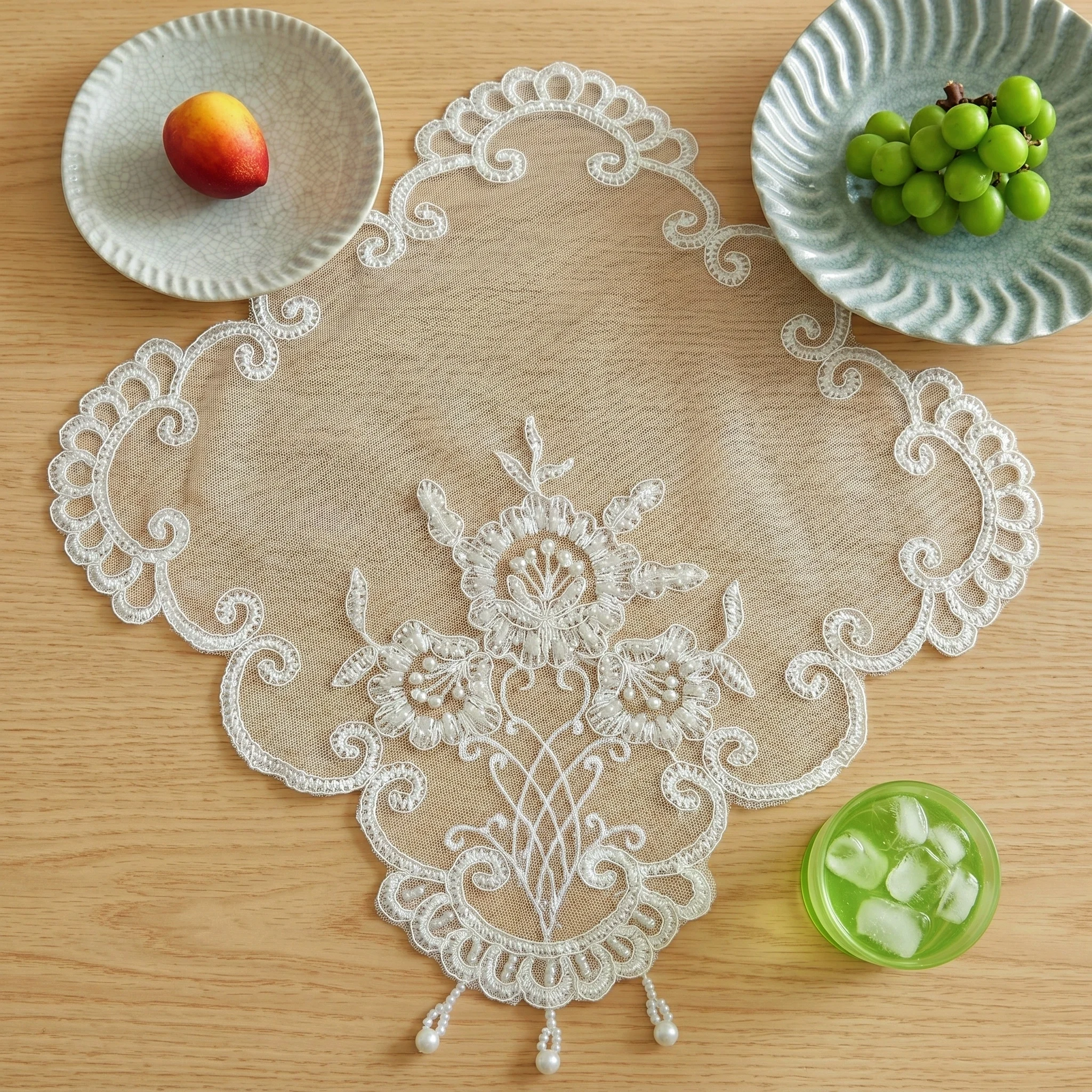 Beige Lace Placemat Set Of 8pcs 3d Embroidery Flowers Coasters Set Washable Square Wedding Napkin Fruit Plate Pad