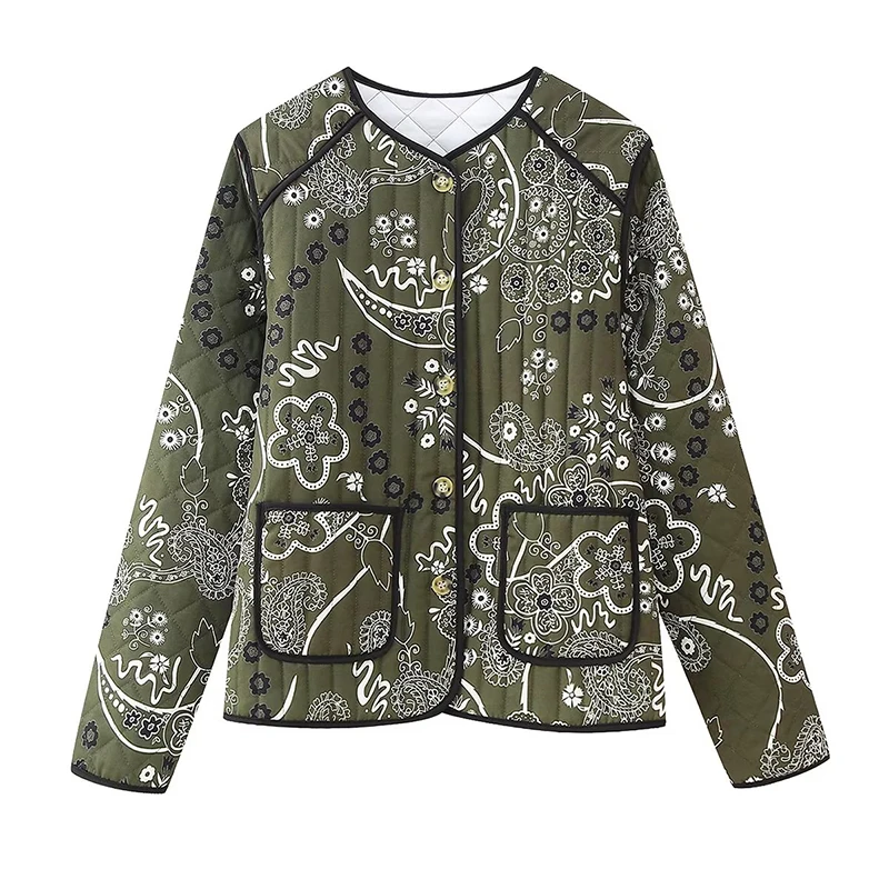 

YENKYE 2023 Autumn Winter Women Flower Print Quilted Jacket Coat Long Sleeve Packets Female Vintage Outerwear