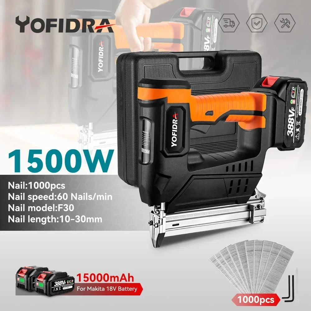 Yofidra Cordless Electric Nail Gun F30 Stapler Framing Furniture Straight Staple Nail Gun Woodworking Tool For Makita 18VBattery