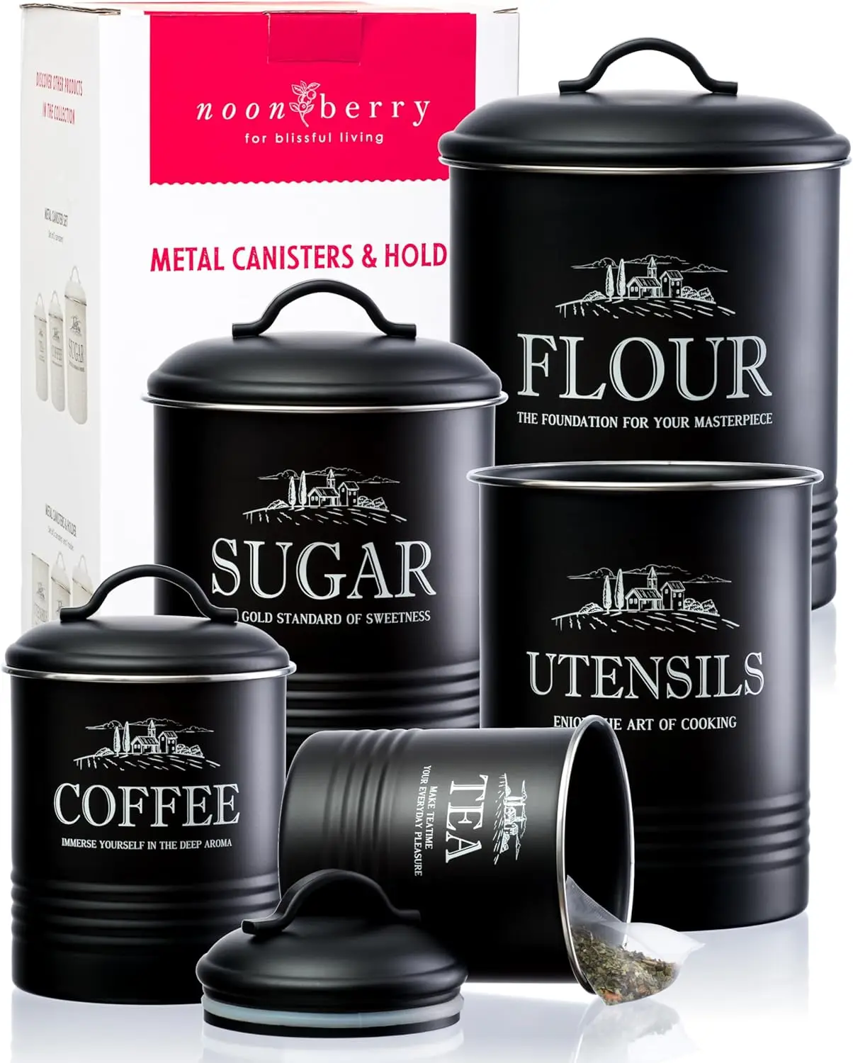 5-Piece Airtight Kitchen Canister Set with Utensil Holder - Matte Black Finish for Flour, Sugar, Coffee, Tea